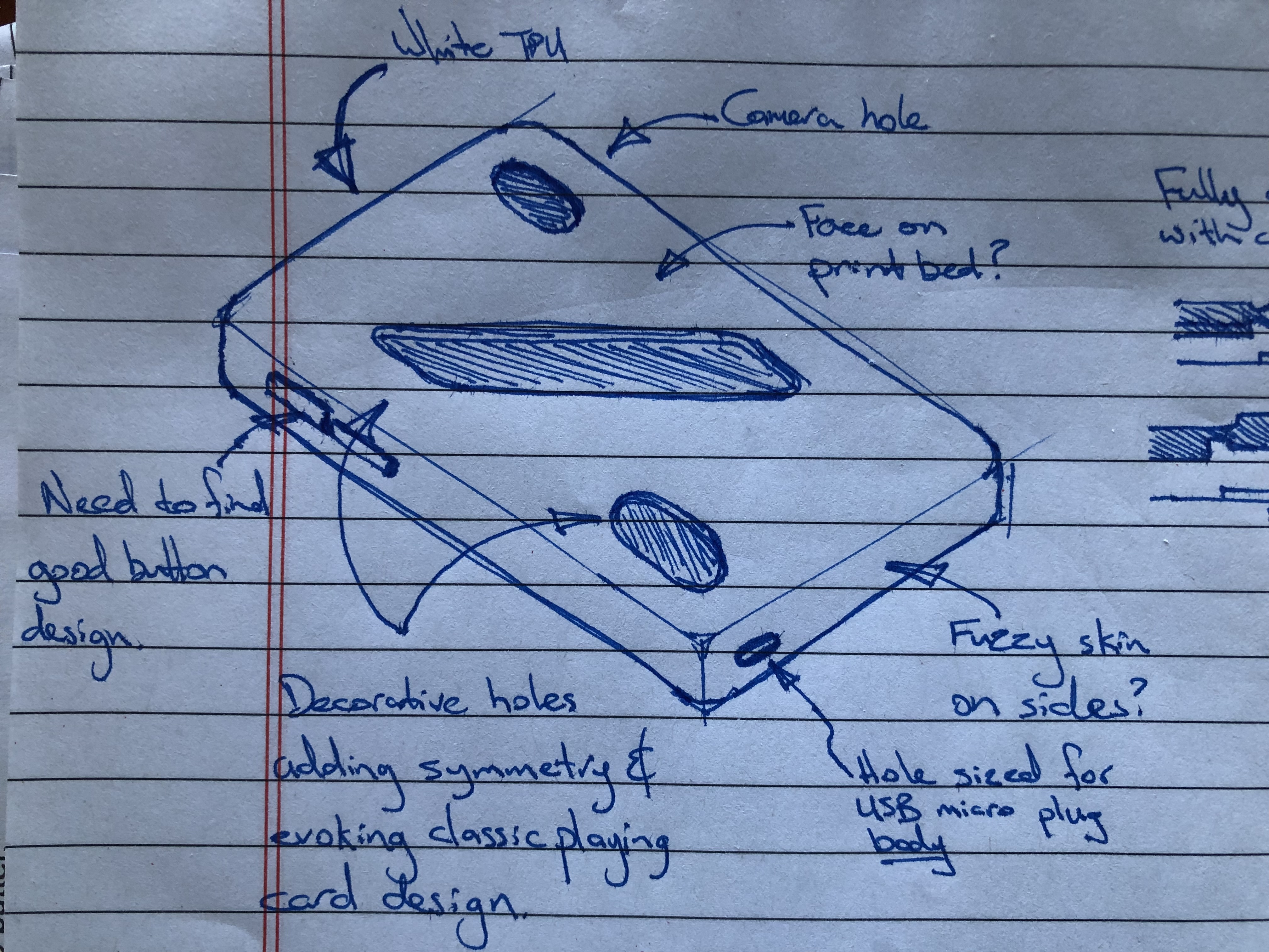 An isometric sketch of a phone case, showing some early ideas about decoration, material selection, and exploring the handling of buttons and holes.