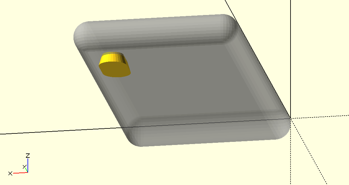 The cutout (shown in yellow) for the rear camera, with the phone body shown faded for reference. Viewed from below the Z axes.